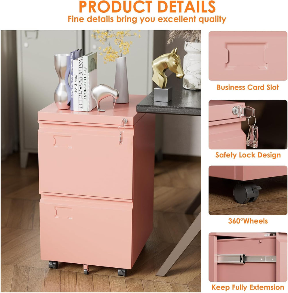 METAN 2 Drawer Metal File Cabinet with Lock, Mobile Rolling Filing Cabinet fo...