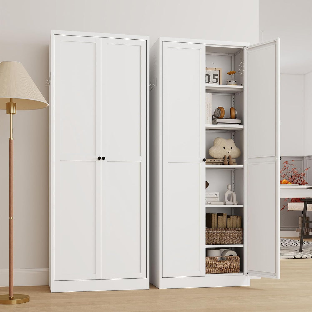 White Kitchen Pantry Cabinet, 72" Tall Metal Storage Cabinet with 2 Door...