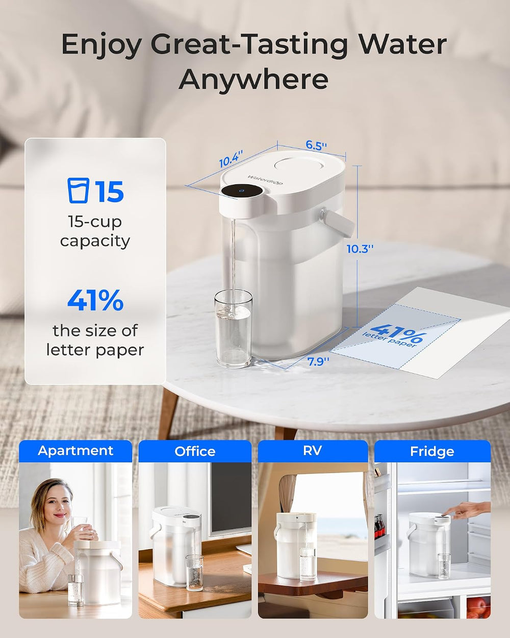 Waterdrop ED11W Rechargeable Instant Water Filter Dispenser, 15-Cup, White