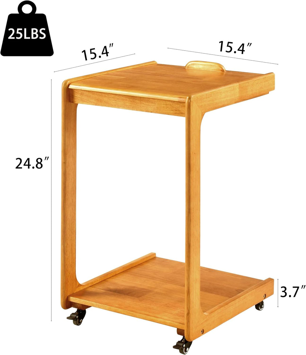 Solid Wood C-Shaped Side End Table with Casters, Adjustable Tilt Top Mobile L...