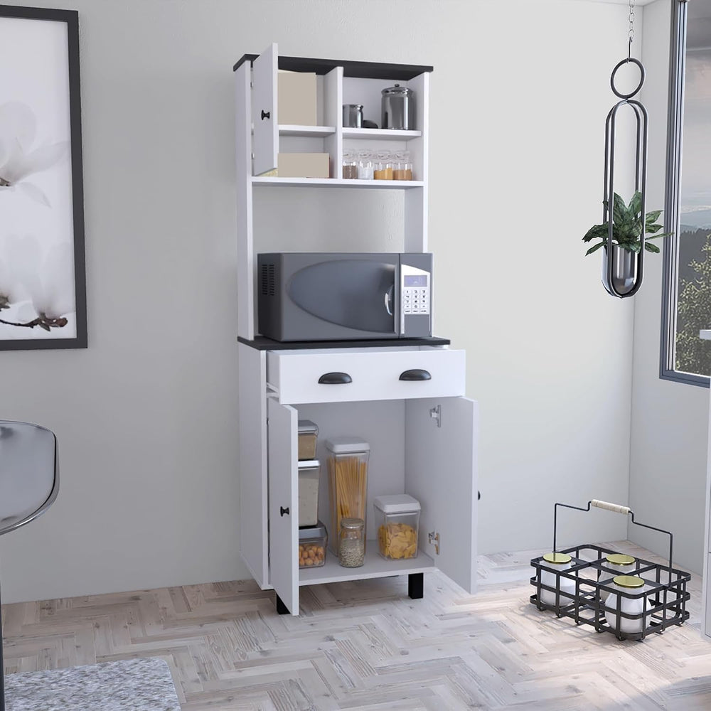 Pantry Sideboard Kitchen Cupboard with 2 Cabinets, 2 Open Shelves and Drawer,...