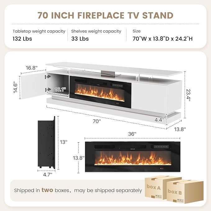 70" Fireplace TV Stand, Modern Entertainment Center for TVs Up to 80&quo...