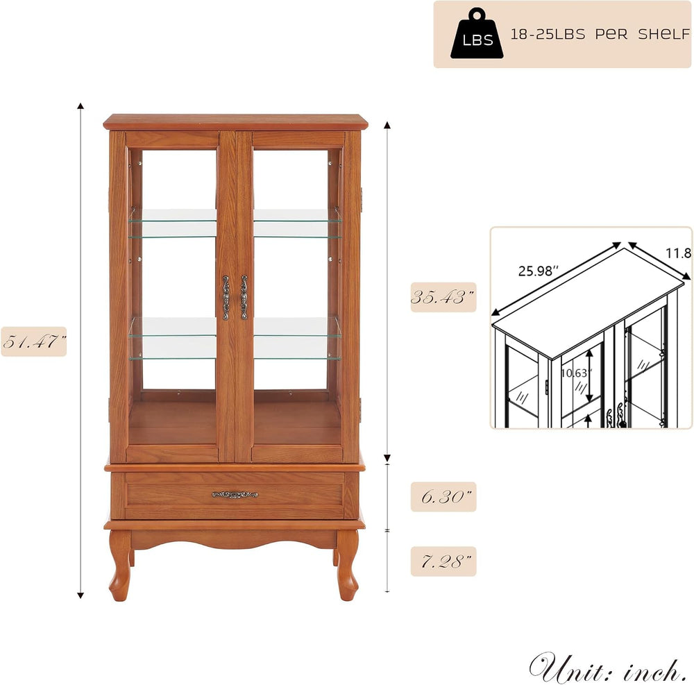 52" Lighted Accent Curio Cabinet, 3-Tier Antique Storage Cabinet with Te...