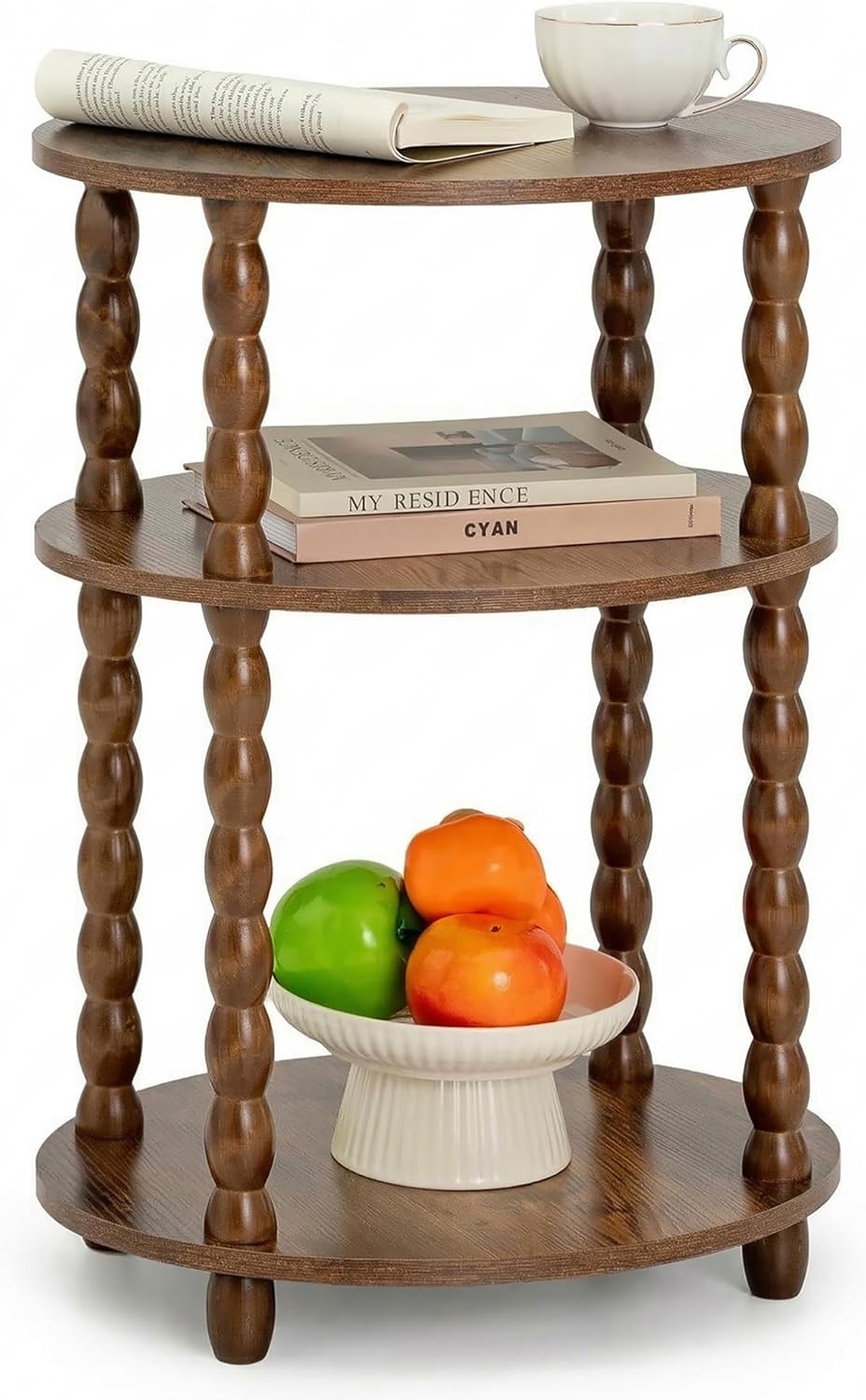 3-Tier Oval Side Table with Solid Wood Legs, Small End Table with Storage She...