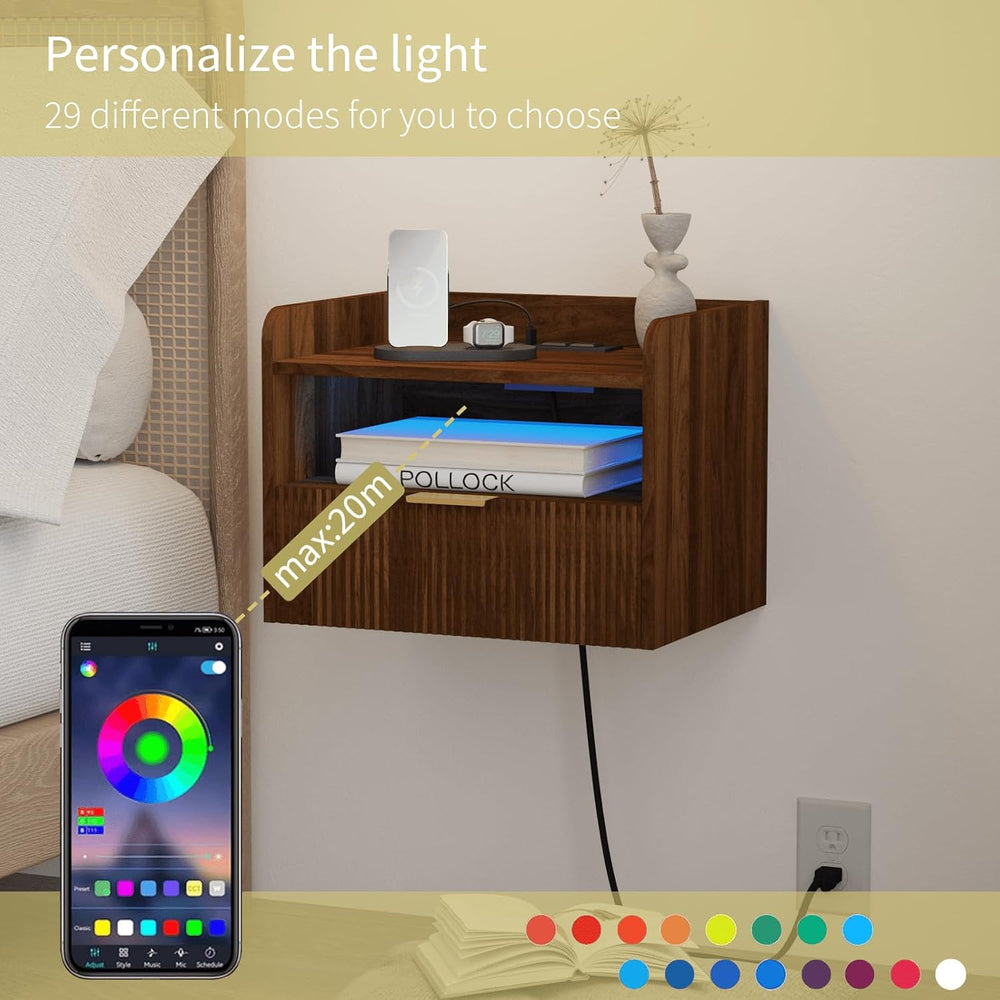 Veegle Floating Nightstand with Charging Station and LED Lights (Walnut Brown)