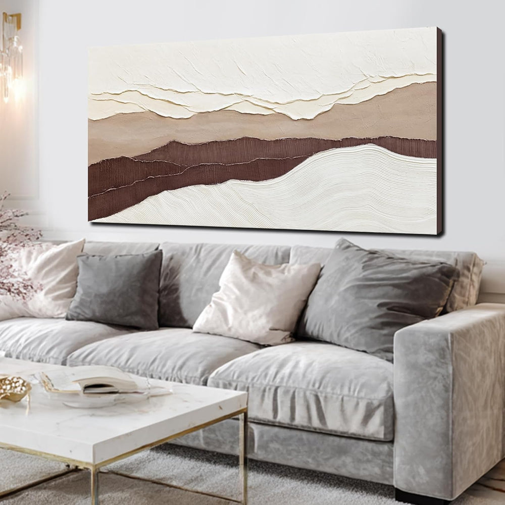 LEVERUP Beige and Brown Abstract Canvas Textured Wave Wall Art 29x58 inch Lar...