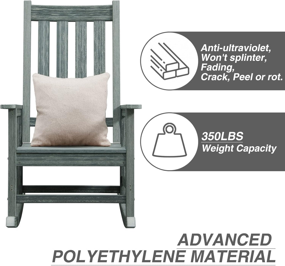 Oversized Outdoor Rocking Chair, HDPE 350lbs Heavy Duty Porch Rocker with Hig...