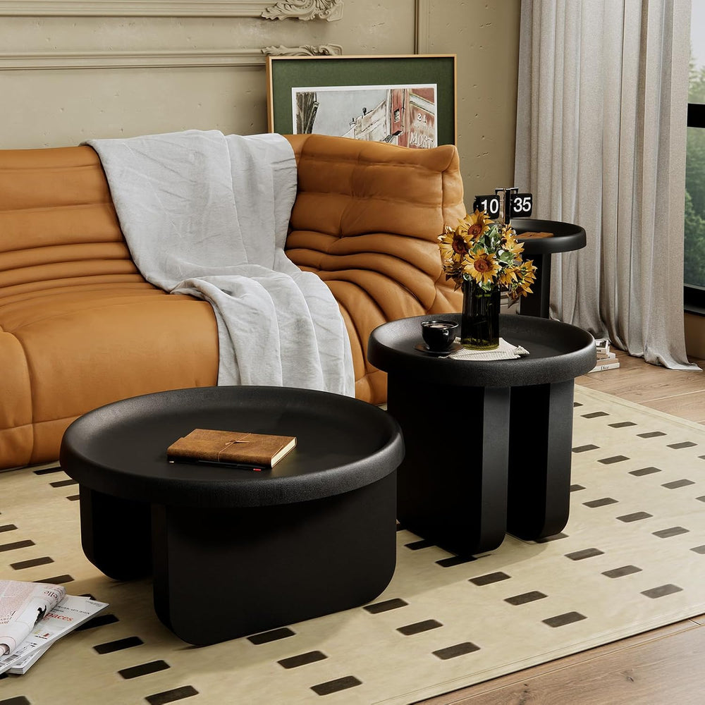 Modern Round Coffee Table,Black Nesting Coffee Tables,Metal Center Table,Uniq...