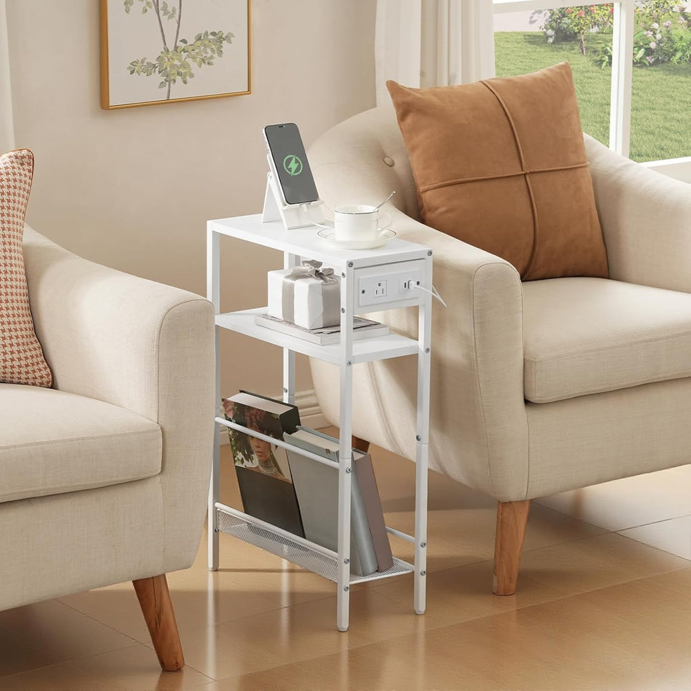 HOOBRO Small Narrow Side Table with Charging Station, Skinny End Table for Sm...