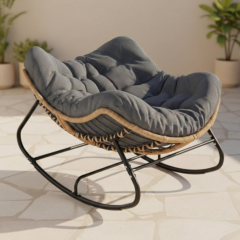 Oversized Papasan Rocking Chair Outdoor, Comfy Wicker Patio Papasan Egg Rocke...