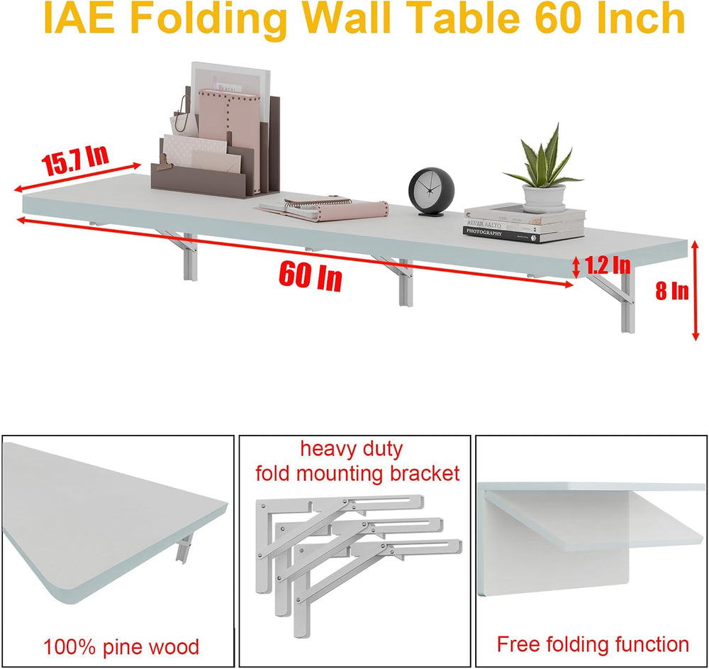IAE Wall Mounted Folding Table with Pine Wood,60" x 16"Floating Wal...