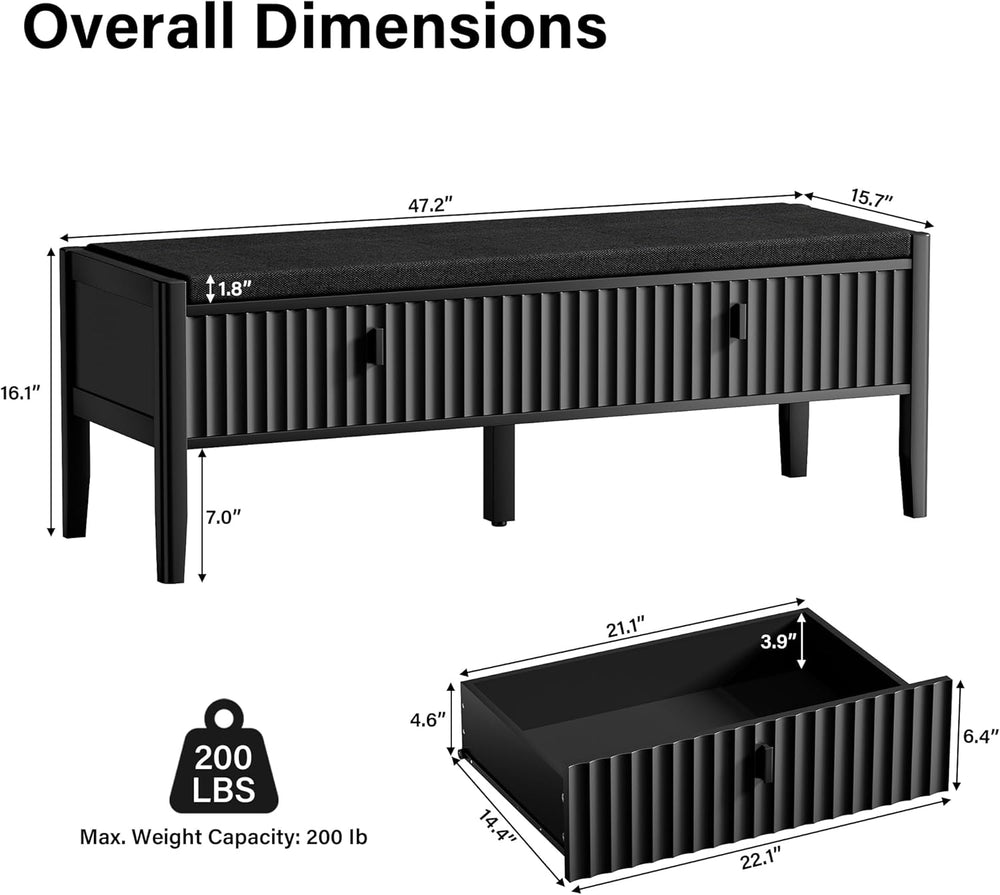 Furniway Black Fluted Shoe Bench with 2 Drawers, Entryway Storage Bench with ...
