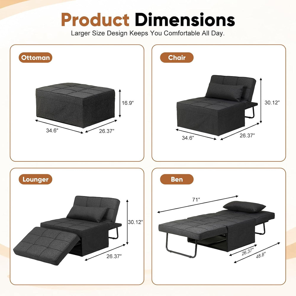 Ottoman Chair Sofa Bed, 4 in 1 Sleeper Ottoman Chair, Black Grey