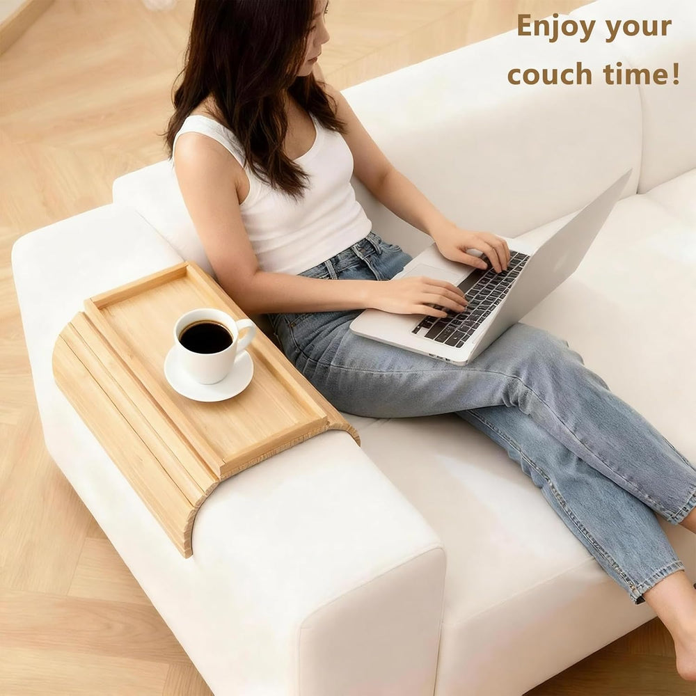 Bamboo Couch Arm Tray Table, Foldable Sofa Rest with Non-Slip Base Portable A...