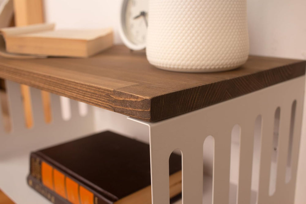Floating Nightstand with White Metal Base, Wooden Top and Sturdy Metal Base, ...