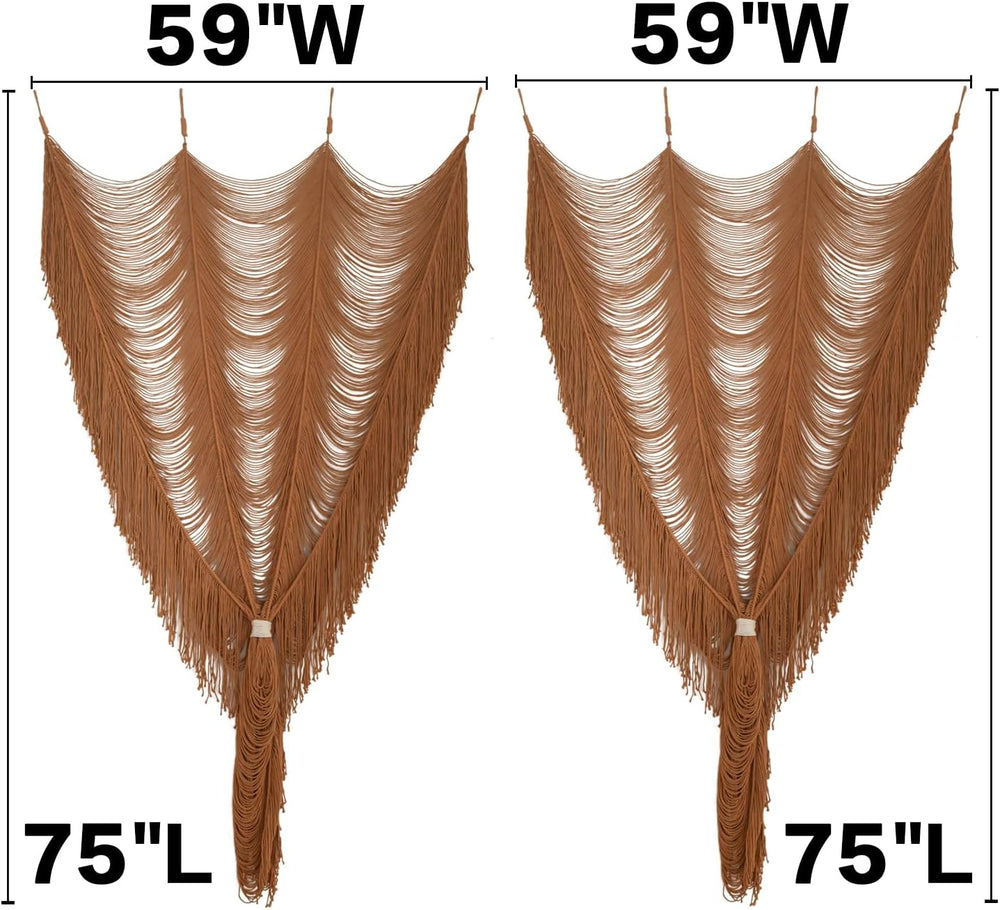 2 Panels Macrame Curtains 59" W x 75" H Handwoven Brown Room Divide...