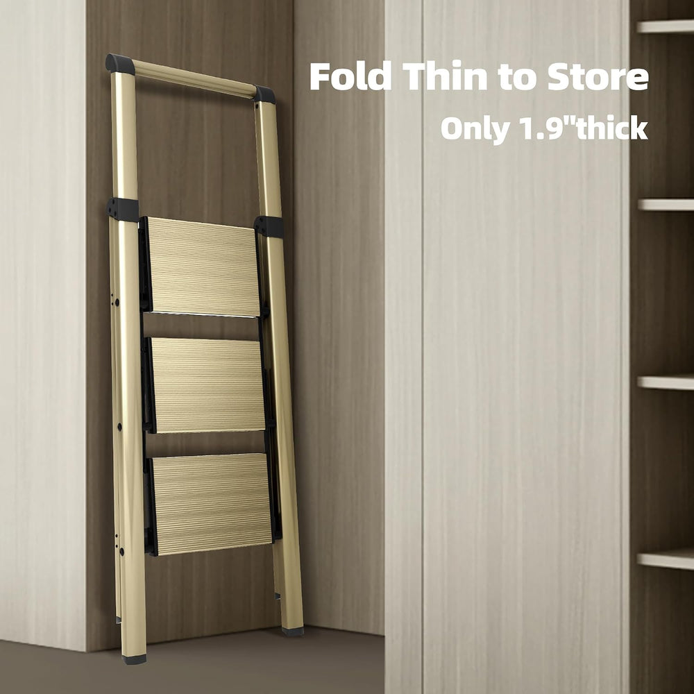 HillhutApex Aluminum 3 Step Ladder, Step Stool Foldable Ladder(Gold)