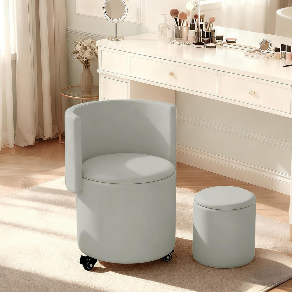 JPBSTO Rolling Round Vanity Chair with Storage, Swivel Makeup Chair with Fold...