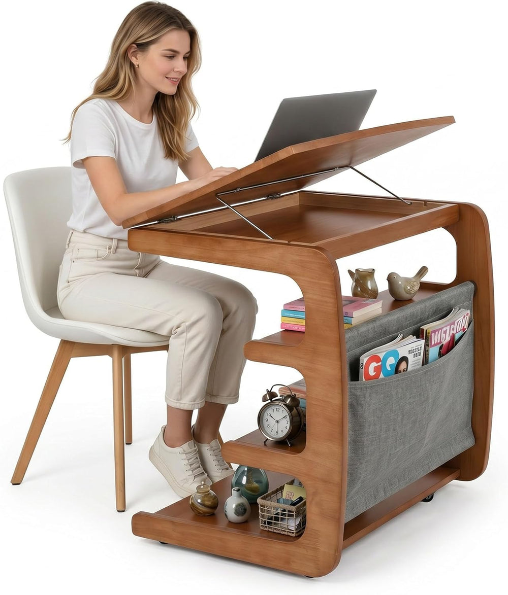 100% Solid Wood C Shaped End Table with Swivel Wheels, Lift Top Couch Table w...