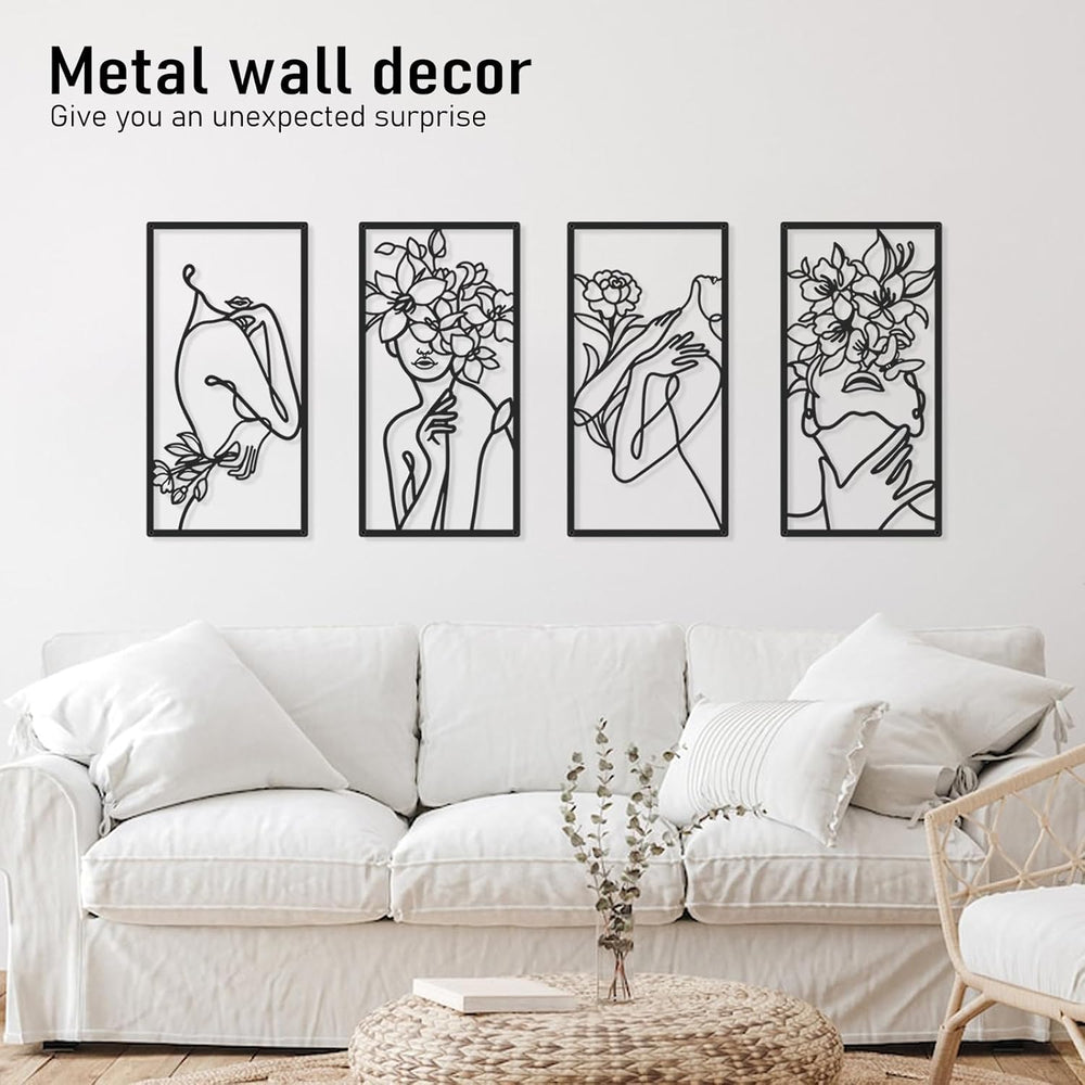Bakovity Black Metal Wall Art, Abstract Minimalist Floral Woman Wall Decor