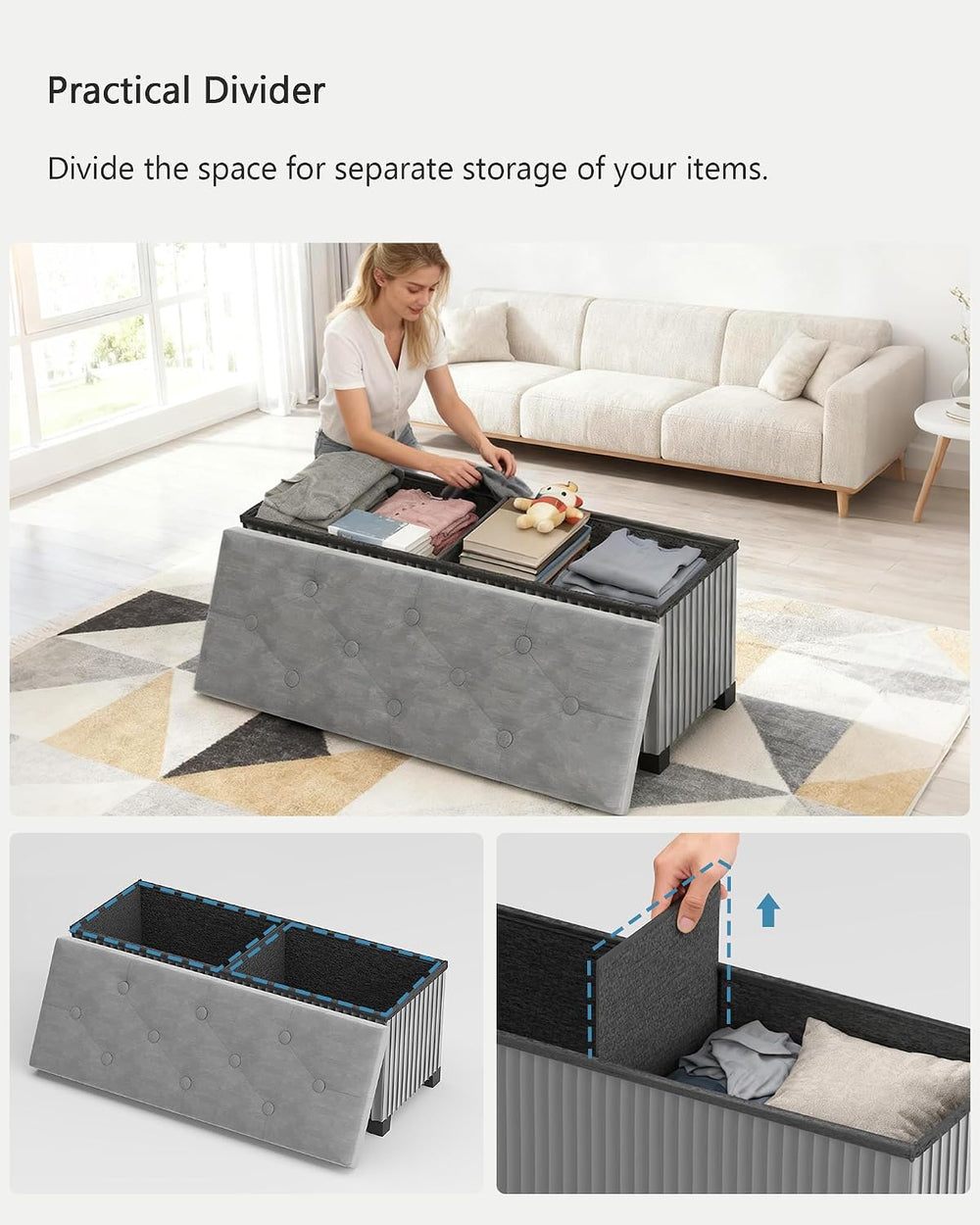 LITZFUR 43 Inches Storage Ottoman Bench, Velvet Foot Rest Stool, Grey | Foldi...