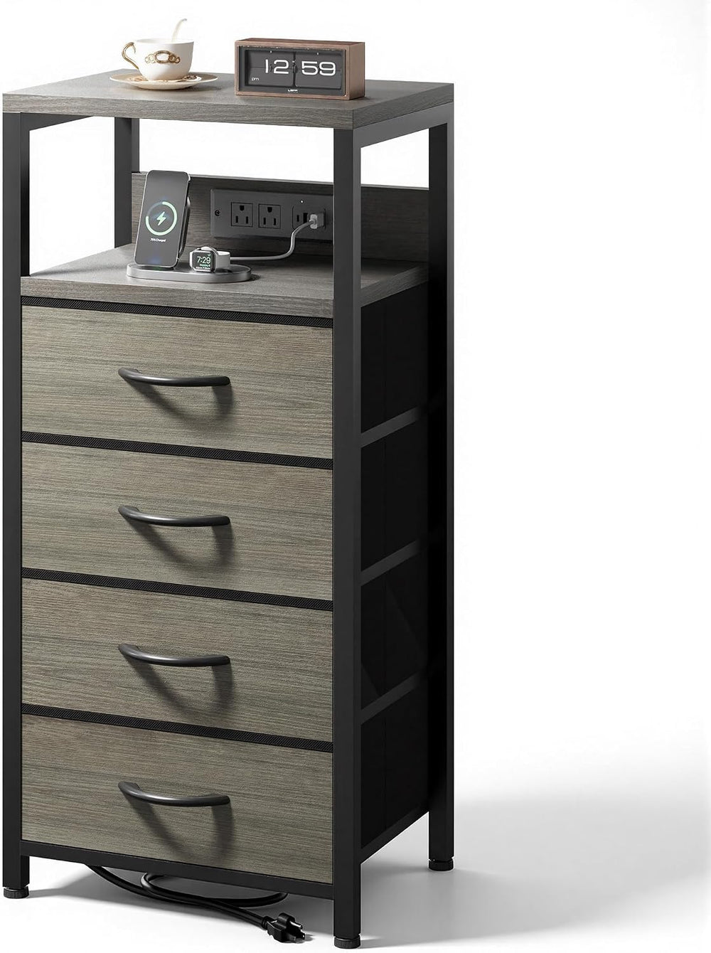 Lazzanto Night Stand with Charger Station, 4 Fabric Drawers, Grey | Nightstan...