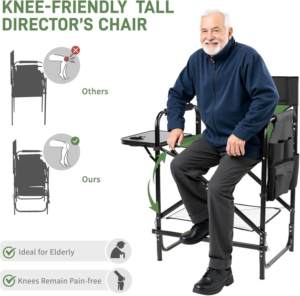 26" Tall Directors Chair Height Seat Folding with Side Table Storage Bag...