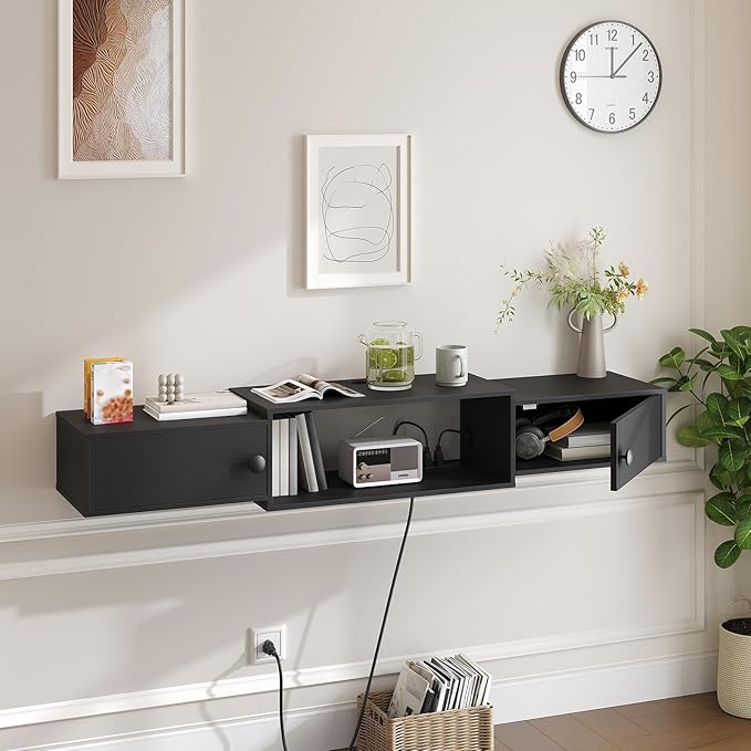 HOOBRO 55" Floating TV Stand with Power Outlets, Modern Wall Mounted Med...