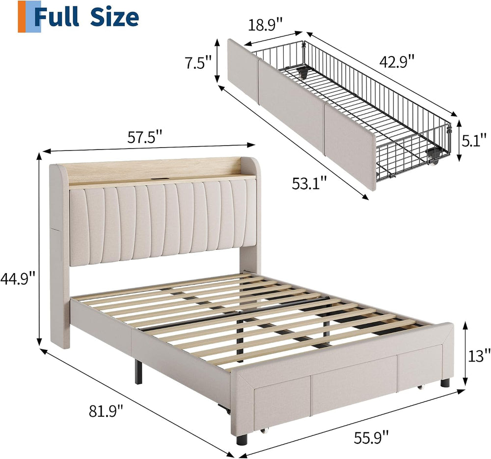Garvee Platform Bed Frame Queen, Storage Headboard, Charging Station, Beige