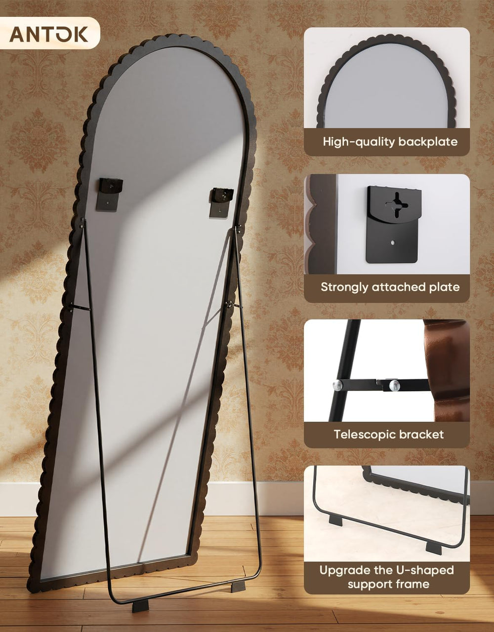Antok 71" x 28" Arched Full Length Mirror, Antique Beaded Frame Flo...