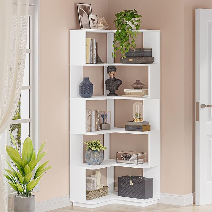 LITTLE TREE Corner Bookshelf, 64.9 Inch Tall Bookcase with Anti-Drop Panel, M...