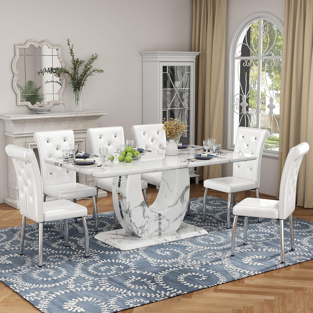 Modern Faux Marble Dining Table Set for 6, 63" White Rectangular Kitchen...