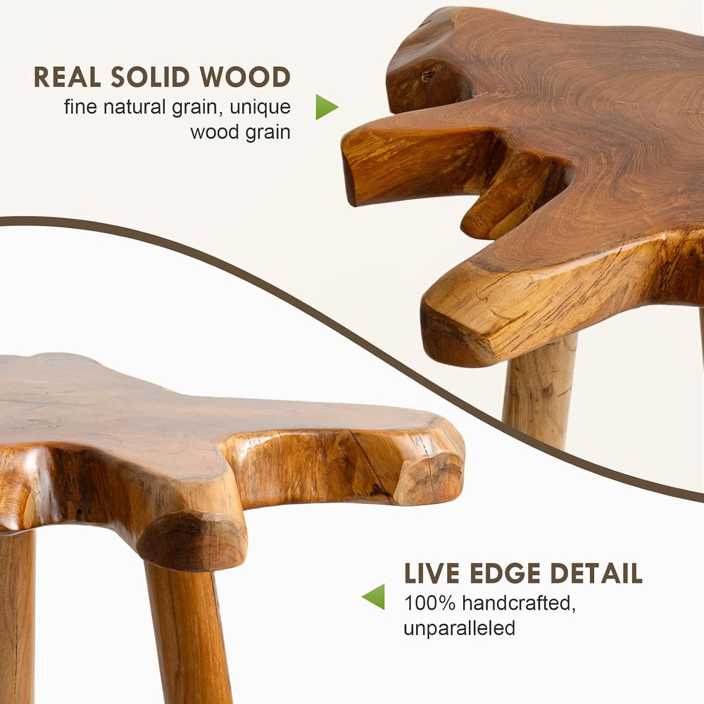 Natural Teak Wood Live Edge Side Table with Wood Legs – Rustic Side Table for...