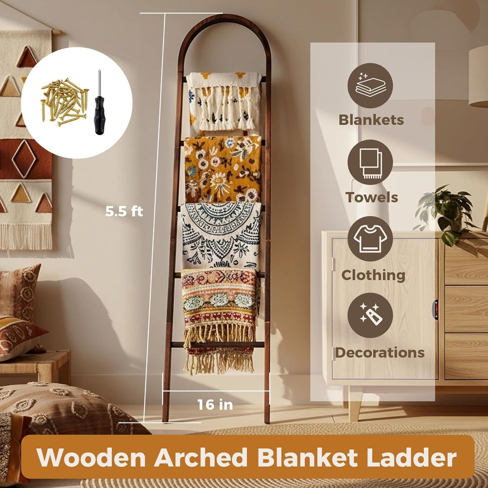 Sintuff Arched Blanket Ladder for Living Room, 5.5ft Wooden Blanket Rack, 5-T...