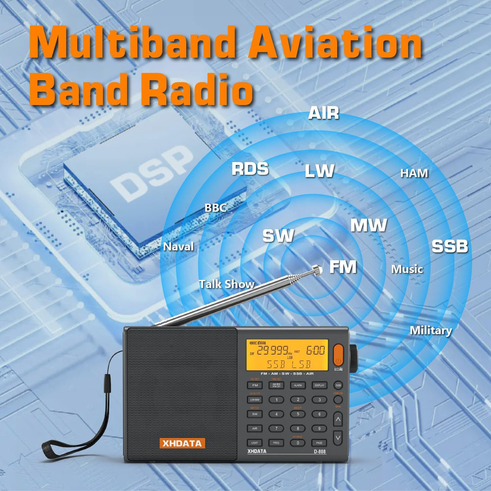 XHDATA D808 Portable AM FM SW LW Air Band Radio SSB RDS Multi Band Radio Spea...