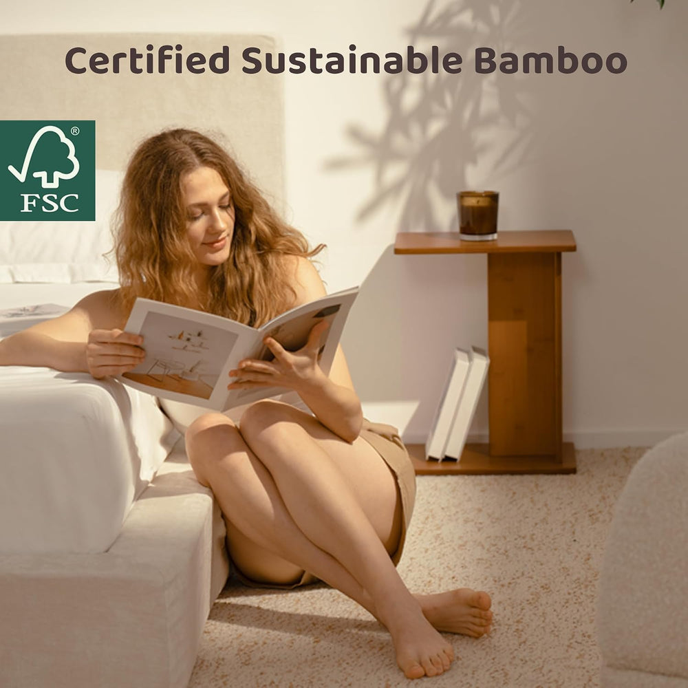 RECCI Solid Bamboo C-Shaped End Table Set of 2 for Couch and Sofa, Sustainabl...