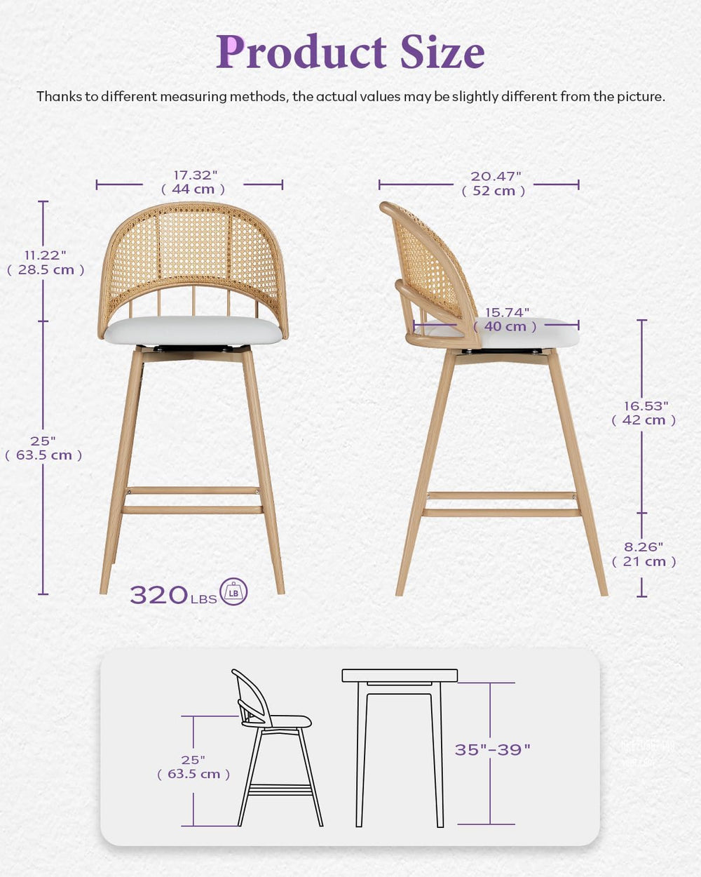 26'' Barstools Set of 4, Rattan Counter Height Swivel Stools for Kitchen
