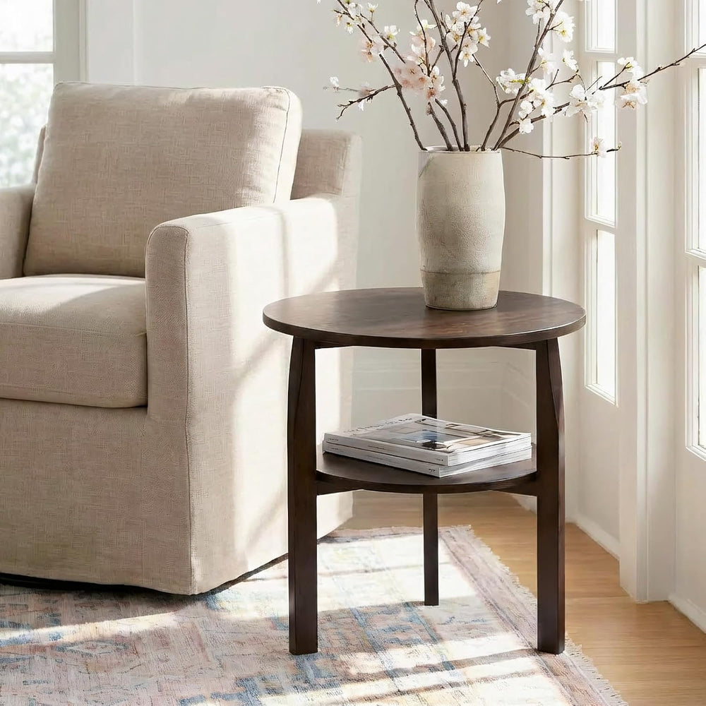 Round Side Table with 2-Tier Shelf Wood End Table | Mid Century Modern Accent...