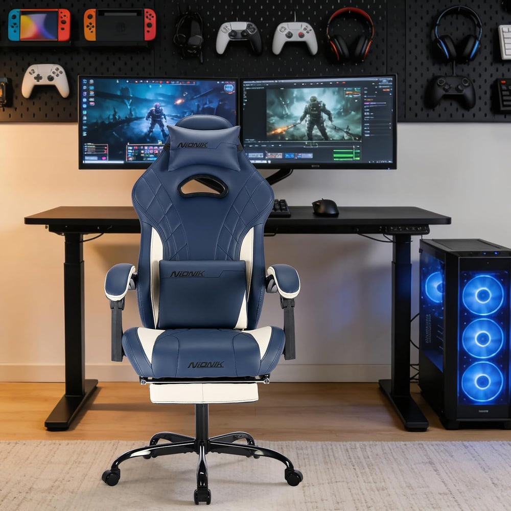 Gaming Chair with Footrest and Massage Lumbar Support, Ergonomic Computer Gam...