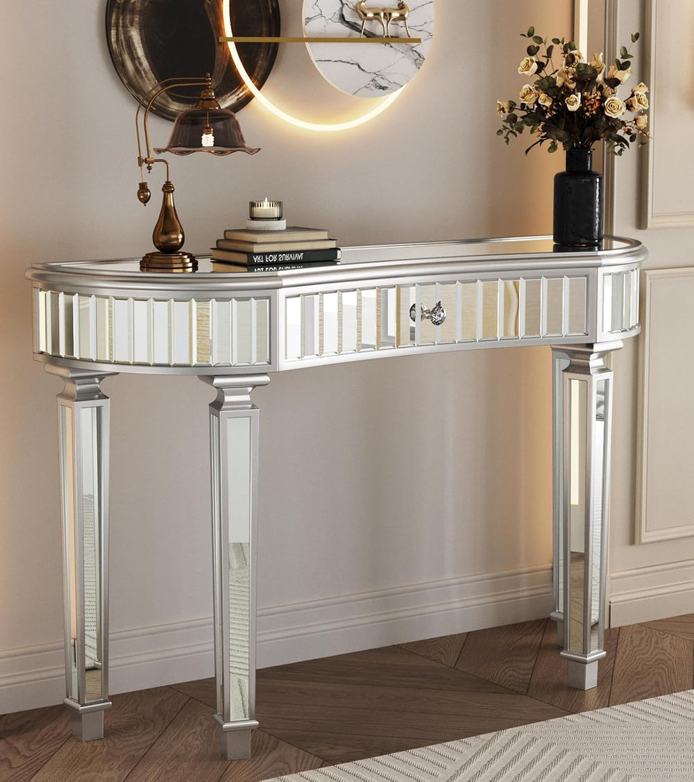 Half-Moon Mirrored Sofa Table with Storage, Semi Circle Entryway Console Tabl...