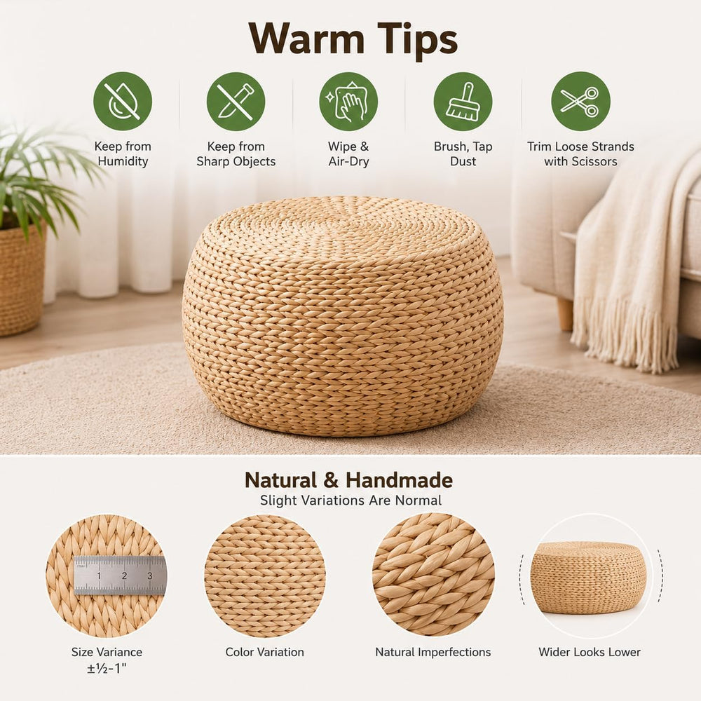 Small Straw Pouf Ottoman, Low Natural Footrest, Dia: 12.2" | Natural, Ec...