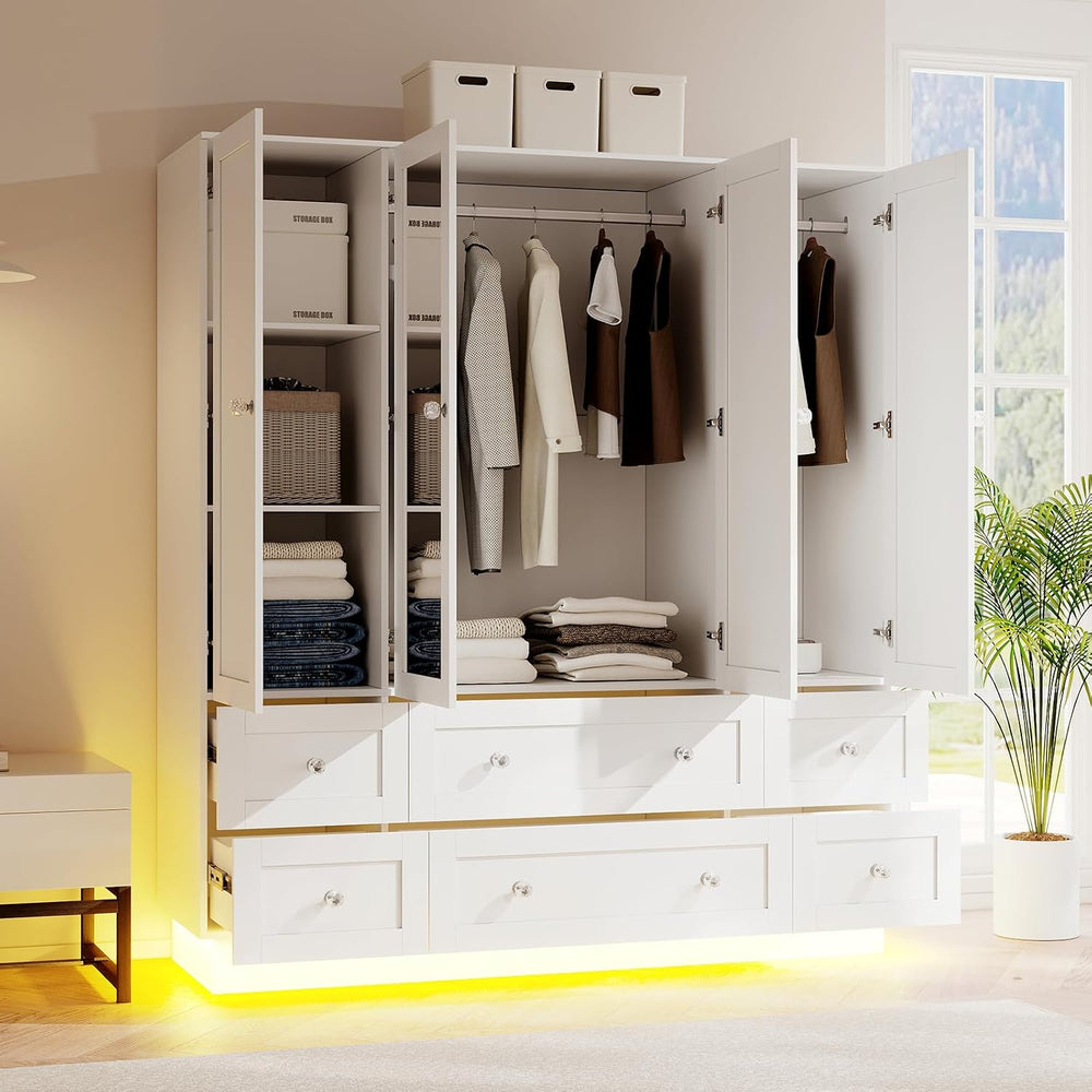 VOWNER Wardrobe Closet with 4 Doors Bedroom Armoire with Mirror & 6 Drawers