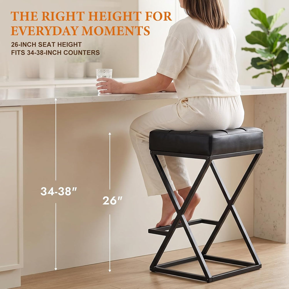 Bar Stools Set of 3, 26 Inch Counter Height Stool Faux Leather Black