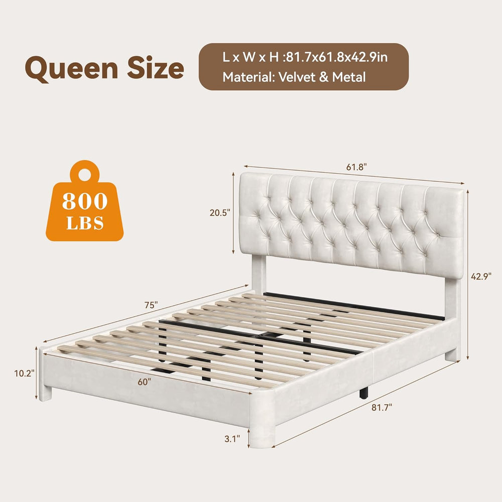Queen Size Bed Frame with Headboard, Luxury Velvet Fabric Upholstered Bed fra...