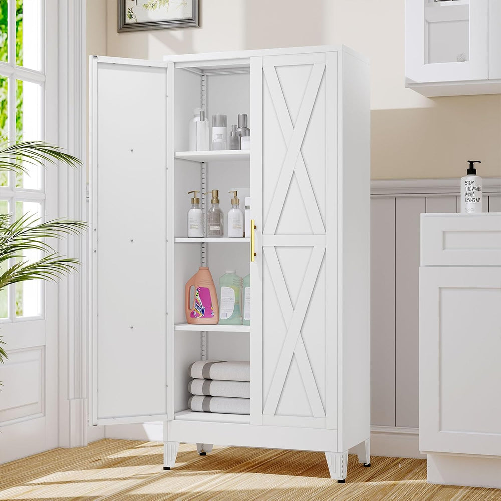 61" Kitchen Pantry Cabinet, Metal Storage Cabinet with 2 Doors and 3 Adj...