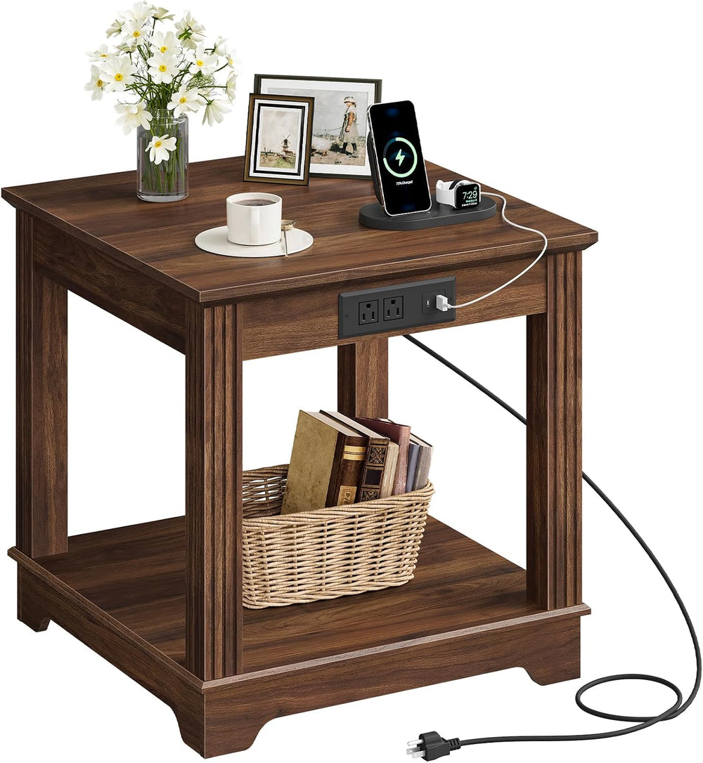 CHOEZON Farmhouse End Table with Charging Station, 2-Tier Large Side Table, S...