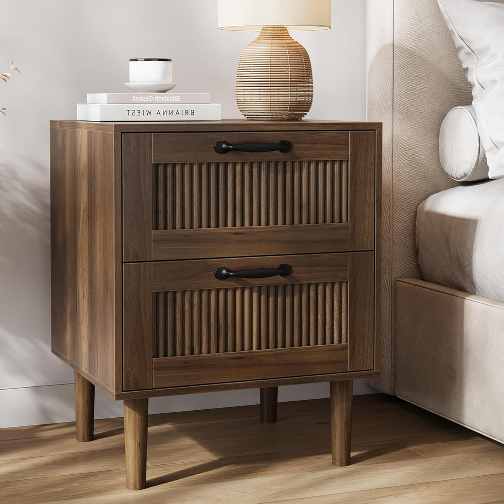 Smart FENDEE Fluted Nightstand with 2 Drawers, Bedside Table with Solid Wood ...
