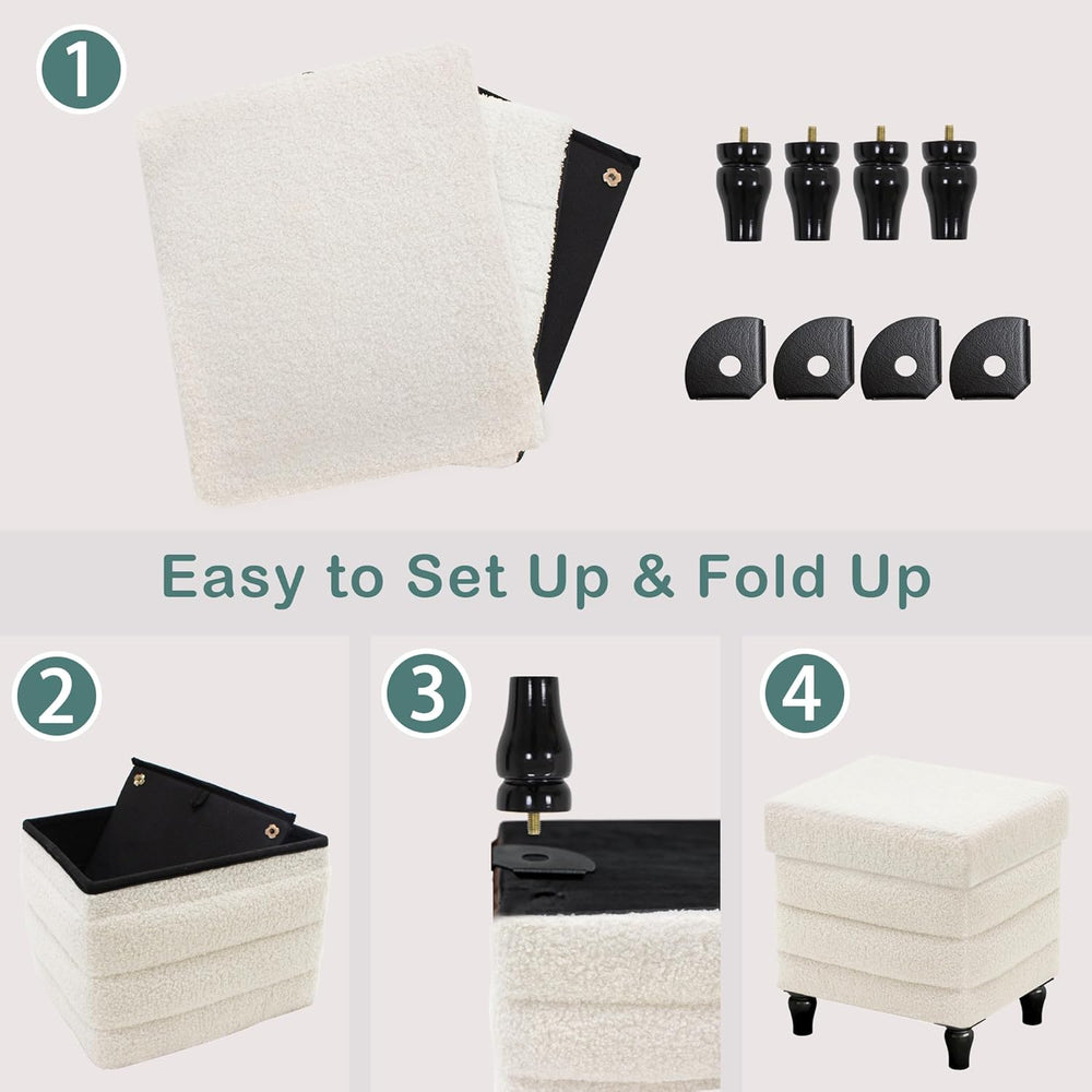 CAROLMADE Folding Storage Ottoman Cube Sherpa Footstool with Wood Legs Ottoma...