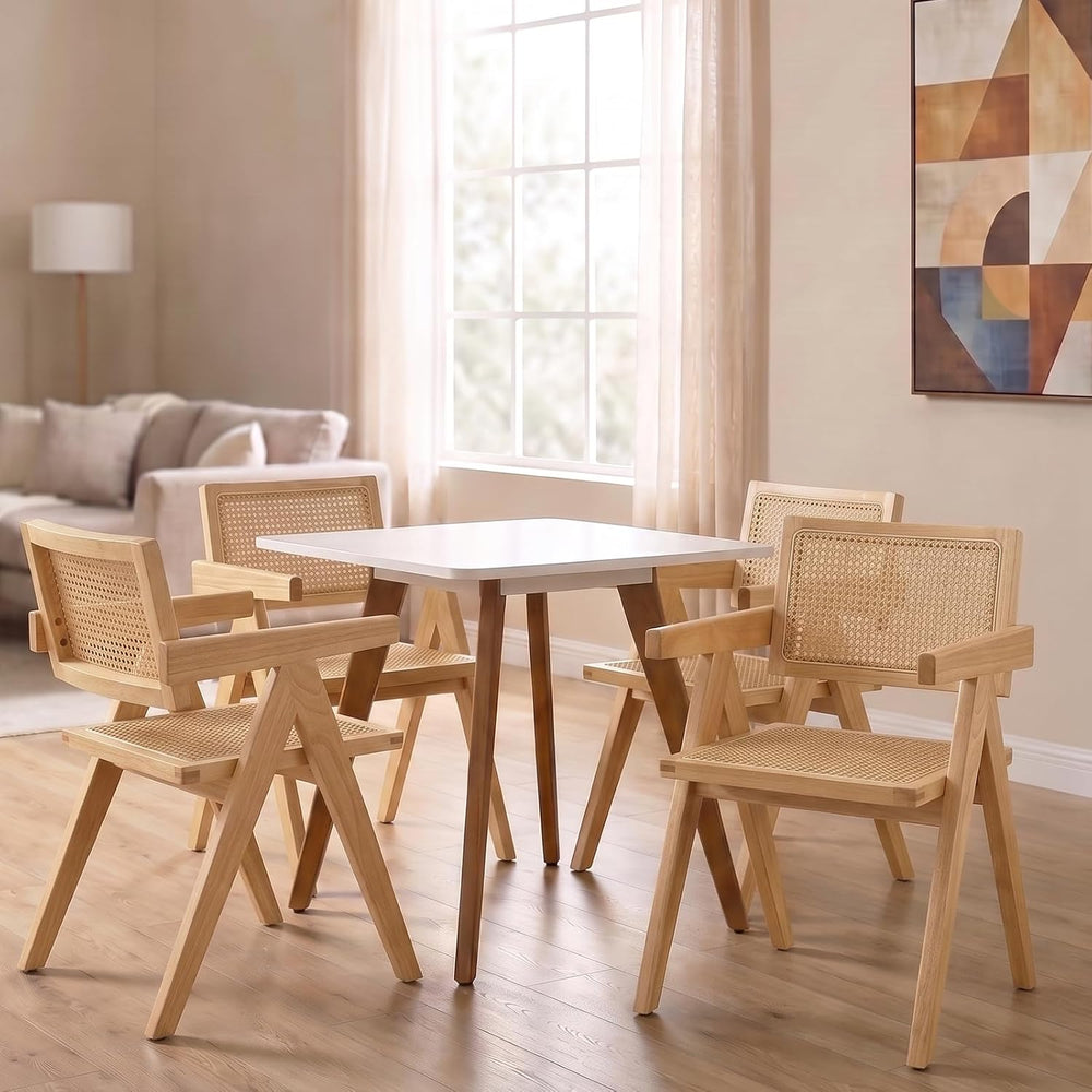 Comfy to go Cane Dining Chair with Arms Set of 4, Solid Wood Tone Frame