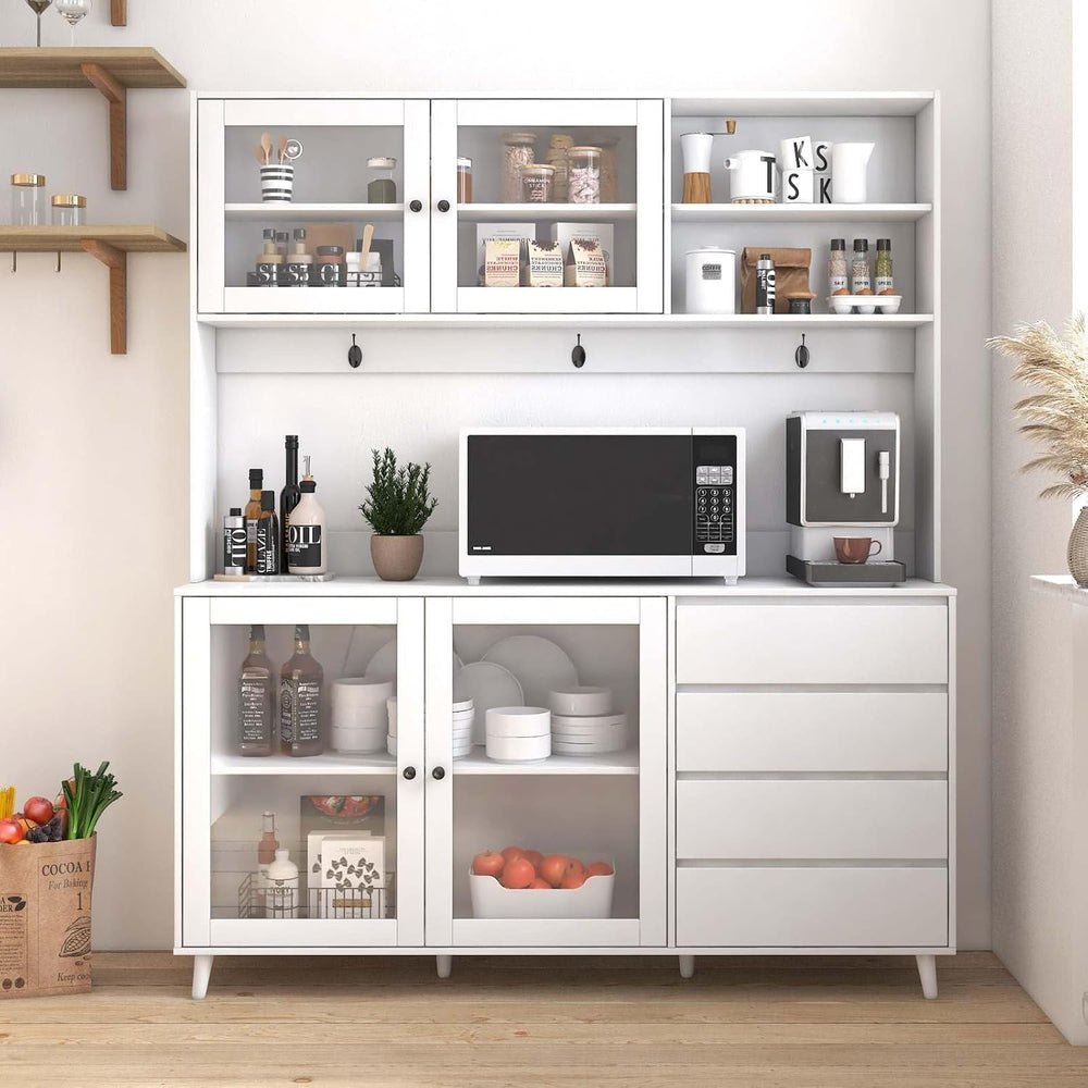 Modern White Kitchen Buffet and Hutch Storage Cabinet with Glass Doors, 4 Dra...
